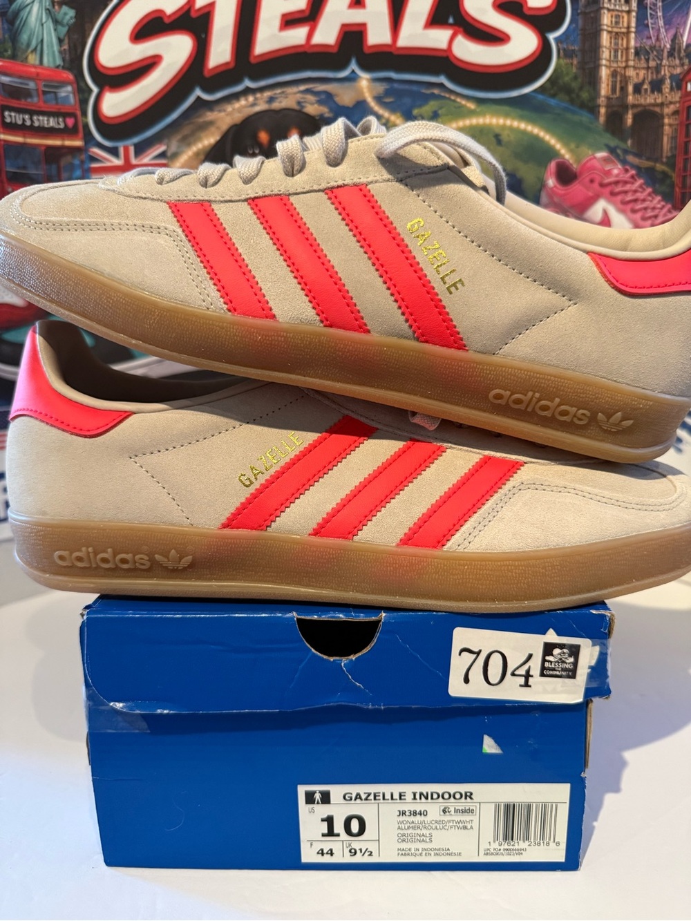 adidas Gazelle Suede Sneakers - Beige with Bright Coral Stripes